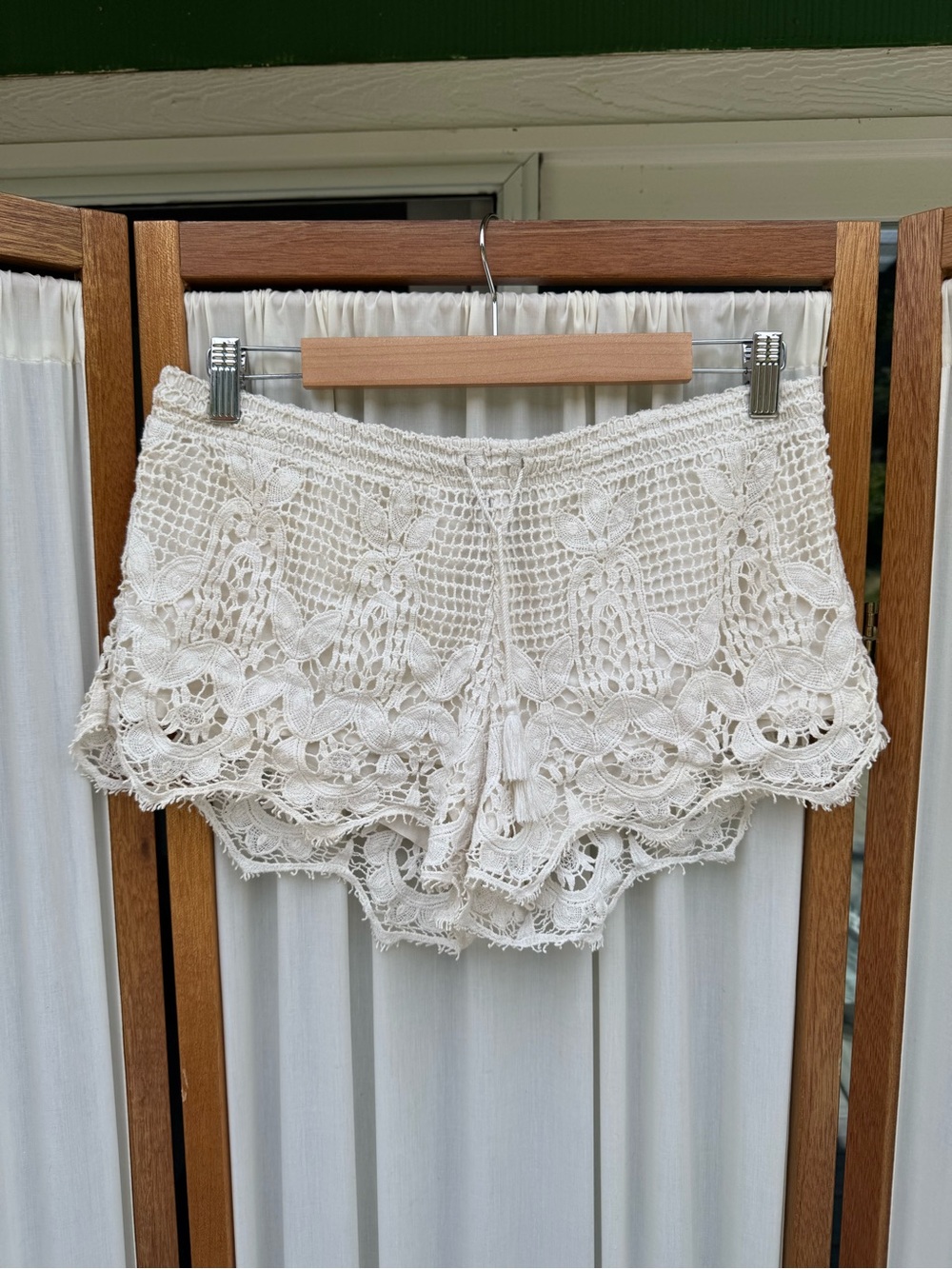 Express Women's Off White Crochet Shorts with Tassels